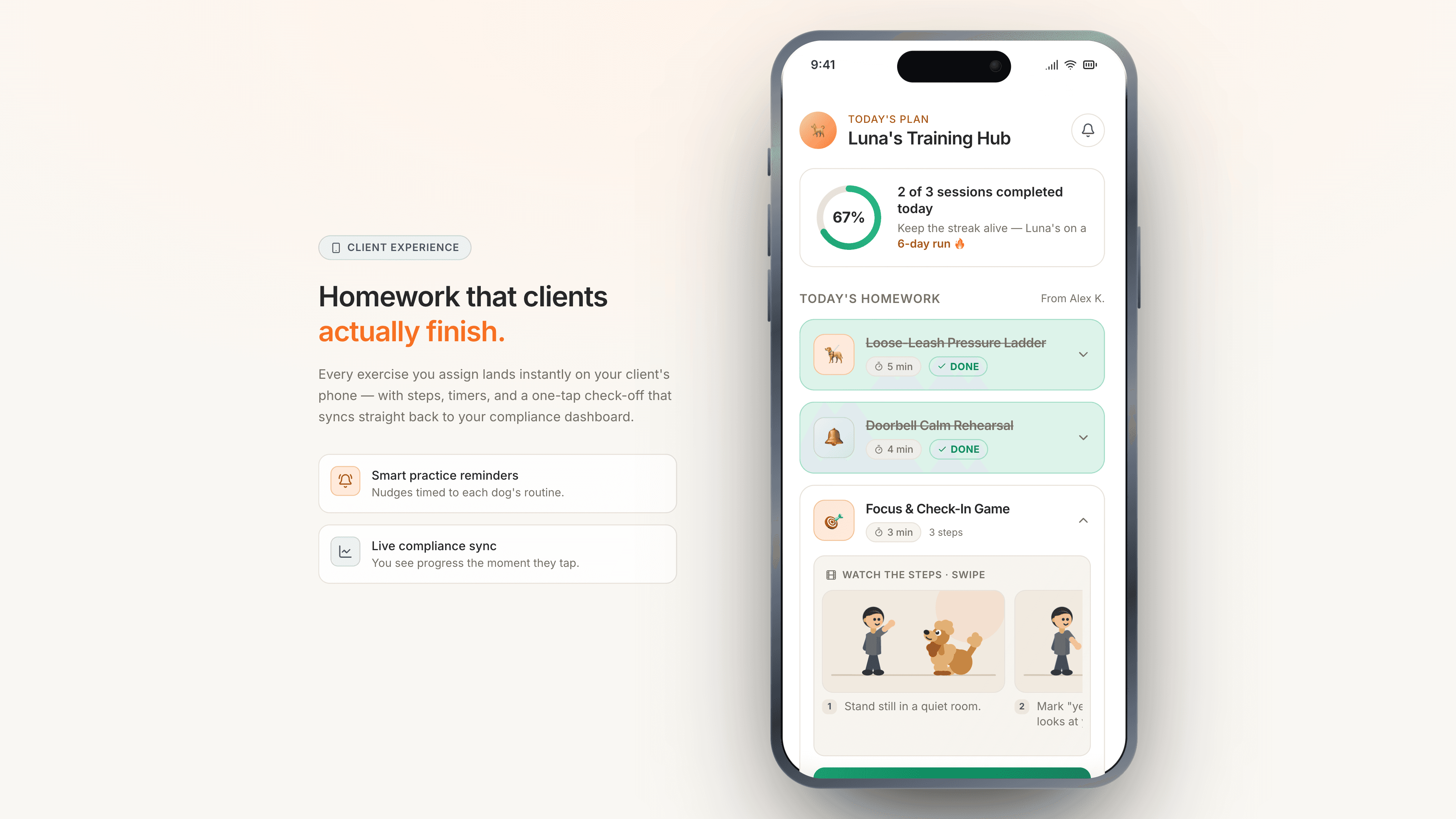 The Lilly client app showing today's training plan with animated step demos